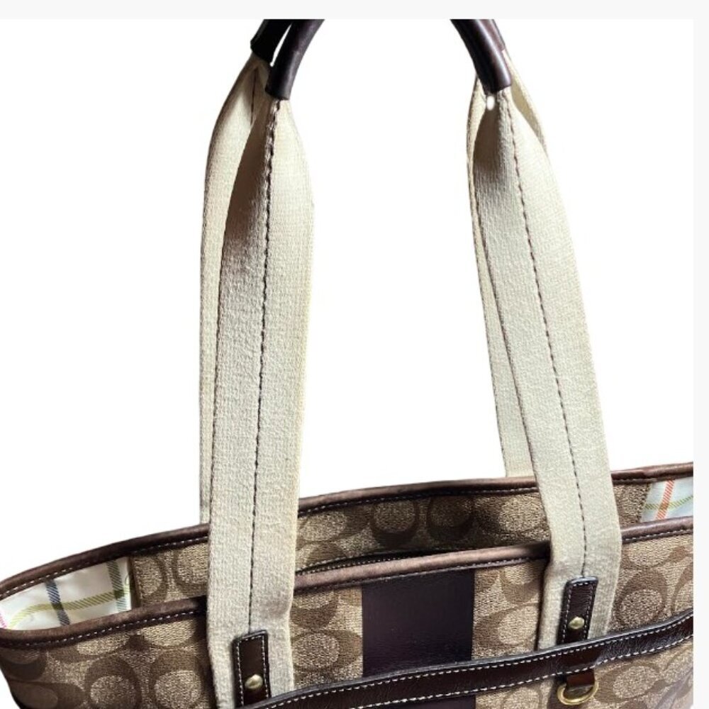Coach Brown Signature Coated Canvas Leather Heritage Stripe Vintage Tote EUC - Picture 4 of 14